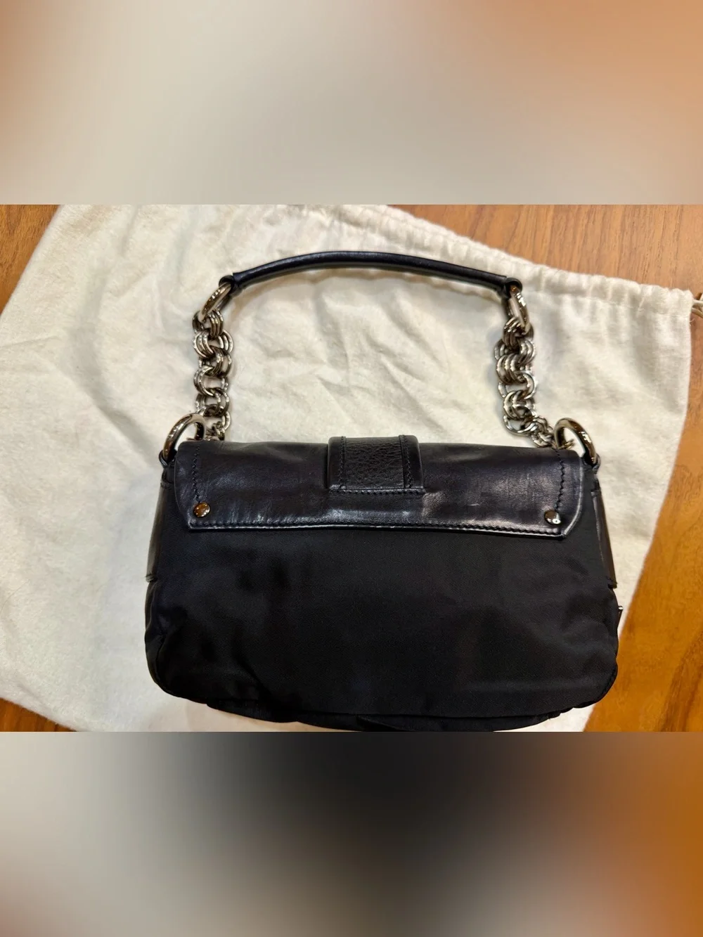 Rare Vintage PRADA Tessuto Nylon Leather Grommet Buckle Chain Shoulder Bag Y2K